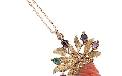 A Victorian coral and multi gemset cornucopia 'regard' pendant