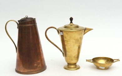A W.A.S. BENSON BRASS COFFEE POT AND WINE TASTER, STAMPED FOR W.A.S. BENSON, AND A COPPER FLASK STAMPED 'BENSON'