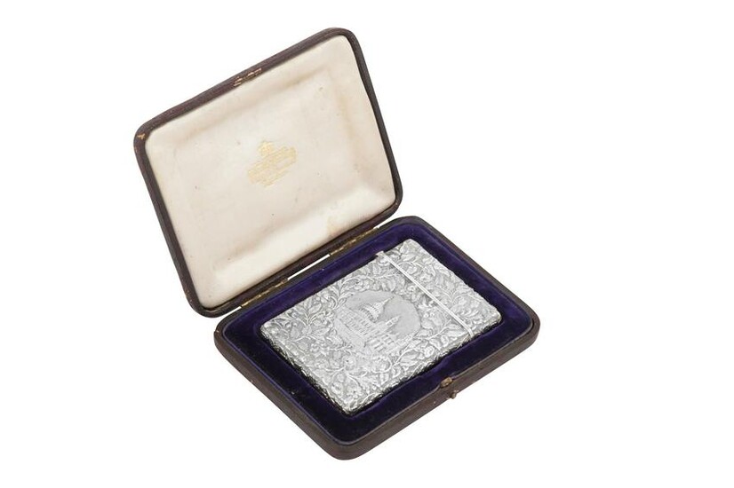 A cased Victorian sterling silver 'castle top' card