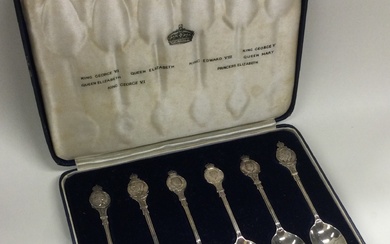 A cased set of six silver spoons commemorating Kings and Queens.