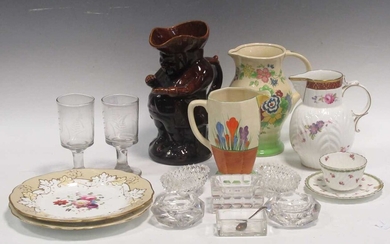 A collection of English ceramics and glass including a Clarice Cliffe 'crocus' jug (A/F), A