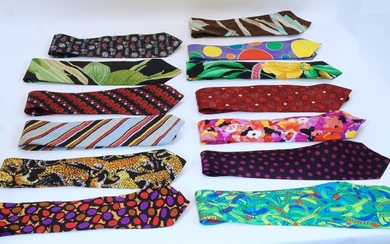 A collection of gentleman's ties, mostly silk examples, to include: Gianni Versace, Valentino, Cerruti 1881 Paris Exclusive for Harrods, Yves Saint Laurent, Lanvin, Prima, Seabal, Hunting World, Roberta di Camerino, Santostefano and others (lot)
