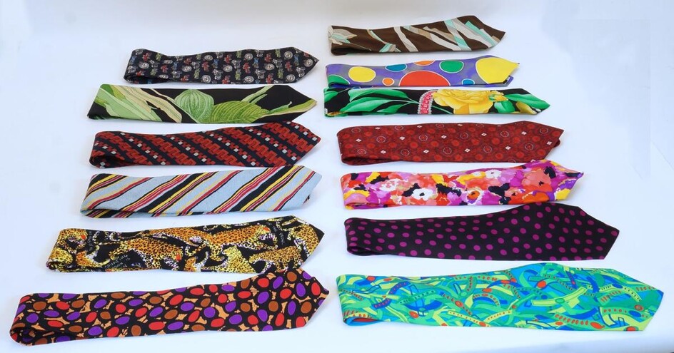 A collection of gentleman's ties, mostly silk examples, to include: Gianni Versace, Valentino, Cerruti 1881 Paris Exclusive for Harrods, Yves Saint Laurent, Lanvin, Prima, Seabal, Hunting World, Roberta di Camerino, Santostefano and others (lot)