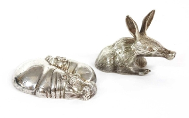 A contemporary sterling silver sculpture of a hippopotamus and calf, by Patrick Mavros