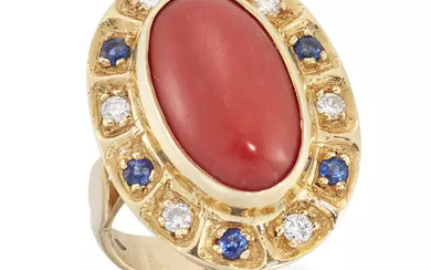 A coral, diamond and sapphire cluster ring, the oval coral...