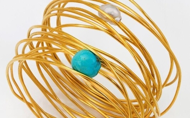 A cultured pearl and turquoise wirework multi-hoop bangle, set with a single baroque cultured pearl and a turquoise, unmarked, approximate gross weight 104g