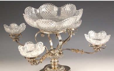 A cut glass and silver plated four branch table centrepiece,...