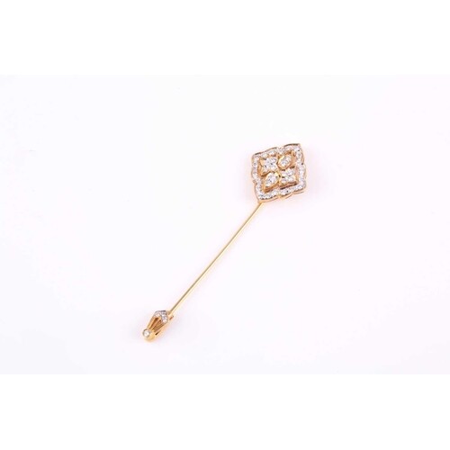 A diamond Jabot pin, the lozenge shape panel grain set with ...