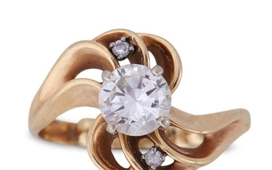 A diamond solitaire centering a round brilliant-cut diamond weighing...