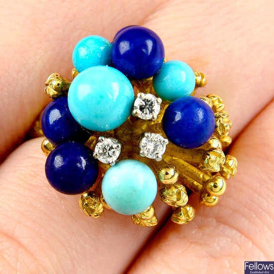 A diamond, turquoise and lapis lazuli bead bombè ring, with textured shoulders.