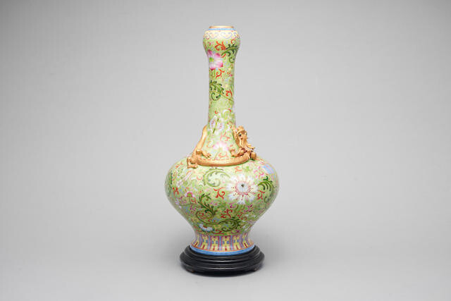 A famille-rose green ground and gilt-dragon vase