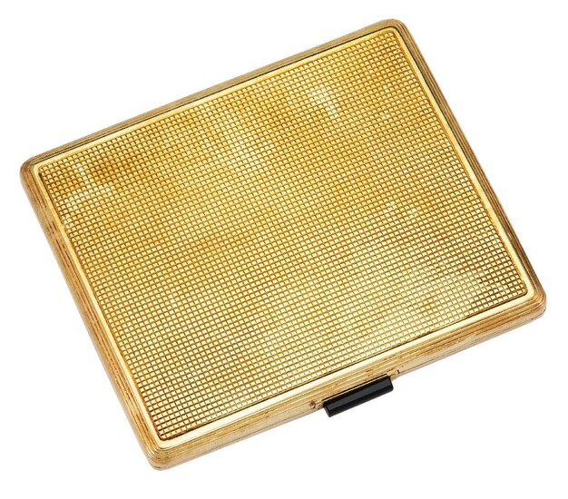 A gold cigarette case, of rectangular engine turned design with onyx thumbpiece, dimensions approximately 7.8 x 6.5 x 0.6 cm, approximate gross weight 100.6g, c.1940, stamped 585