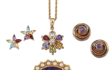 A group of jewellery, comprising: an Edwardian gold mounted oval amethyst pendant with half-pearl surround; a vari-coloured gem pendant to a neckchain with matching earstuds and a pair of amethyst single stone earrings (6)