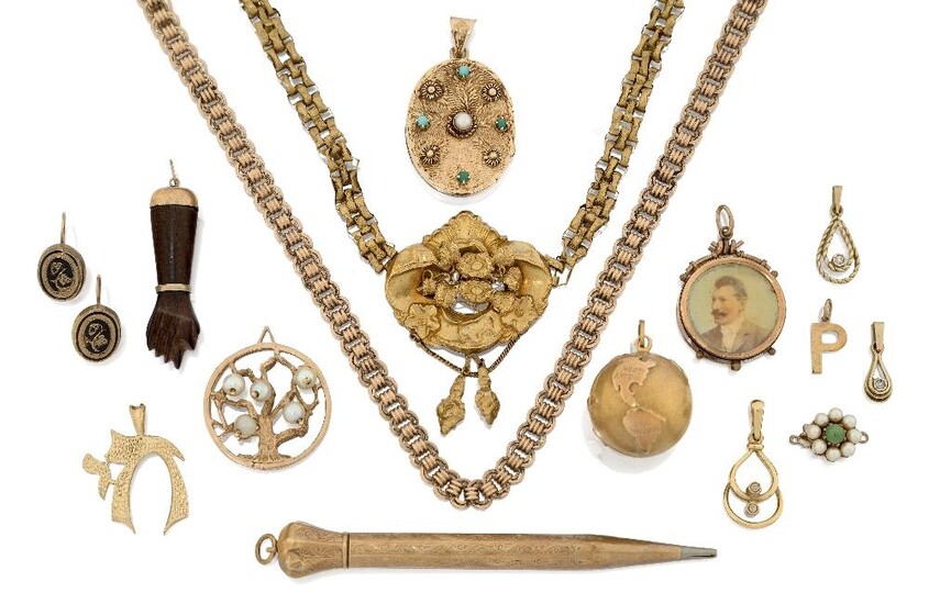 A group of jewellery including: an Austro-Hungarian watch chain, approx. length 50cm; a turquoise and pearl mounted oval locket, stamped 14k, approx. length 3.3cm; a late 19th century gold necklace with shaped floral panel to centre, approx. length...