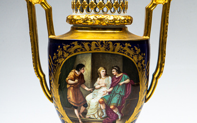 A handpainted continental Royal Vienna style lidded urn (H:30.5cm) Condition...