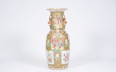 A large Chinese Canton famille rose vase with palace scenes and birds and butterflies among...