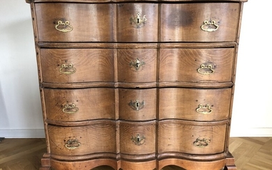 A large Danish Baroque oakwood chest of drawers. Last half of the 18th century. H. 111 cm. W. 125 cm. D. 60 cm.
