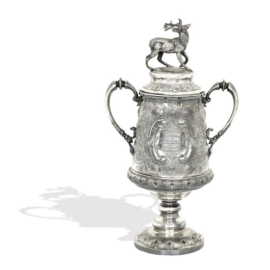 A large Victorian silver plated trophy cup and cover