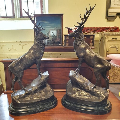 A large pair of bronze stags, on rocky mounts, with marble b...