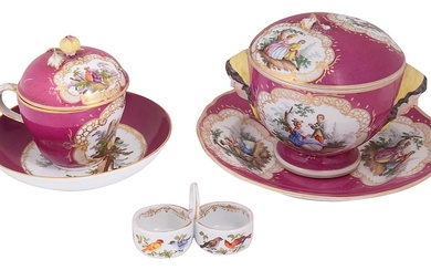 A late 19th century Meissen chocolate cup, cover and saucer and other items