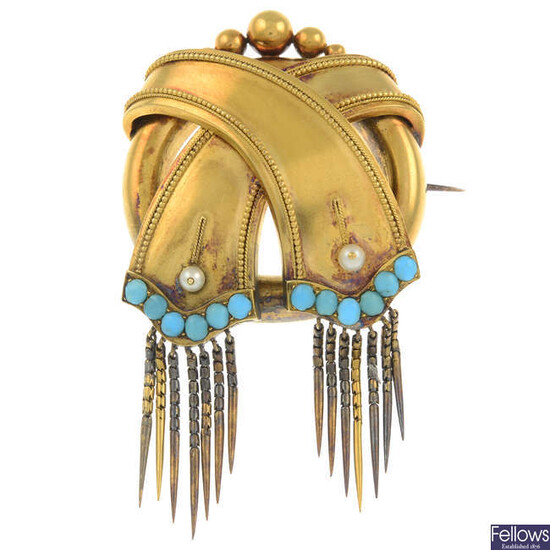 A late Victorian 18ct gold seed pearl and turquoise brooch, suspending two tassel drops.