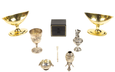A lot of European sterling silver, comprising a pair of Irish George III silver gilt open salts