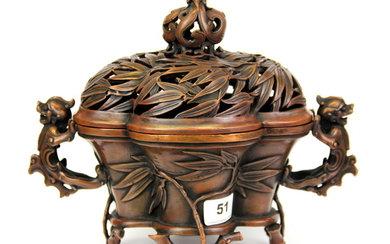A mid 20th Century Chinese cast copper bronze censer with lion dog handles and bamboo feet, H. 23.5cm.