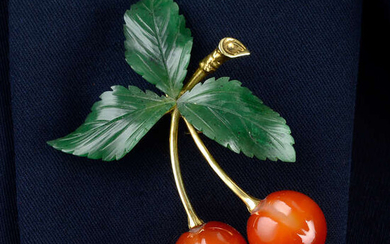 A mid to late 20th century carnelian and nephrite jade cherry brooch.