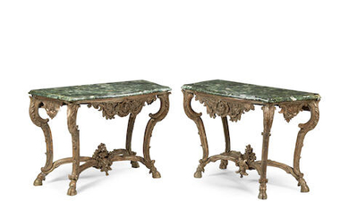A near pair of Italian Rococo style marble top painted consoles