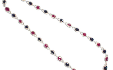 A no-heat sapphire, ruby, diamond and fourteen karat white gold necklace