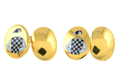 A pair of 9ct gold enamel cufflinks, depicting jockey silks.