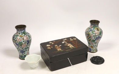 A pair of Chinese cloisonné enamel vases, 12.5cm, a lacquere...