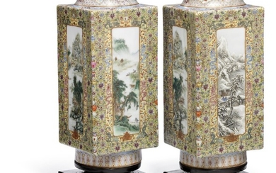 A pair of Chinese famille rose square porcelain Cong vases. Marked Made during the Qianlong reign. 20th century. H. 33 cm,.