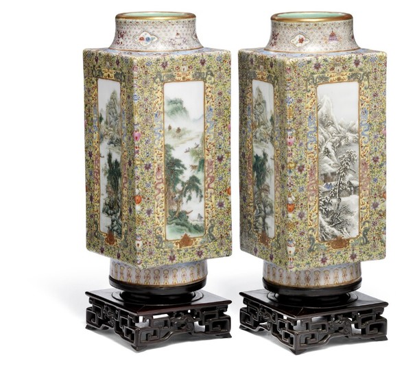A pair of Chinese famille rose square porcelain Cong vases. Marked Made during the Qianlong reign. 20th century. H. 33 cm,.
