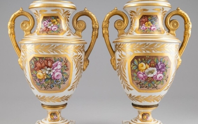 A pair of Derby floral decorated vases with gilt scroll handles, 12 in. (30.48 cm.) h.