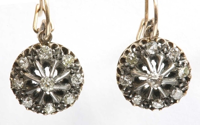 A pair of Edwardian, diamond set, gold and silver cluster drop earrings, c.1910
