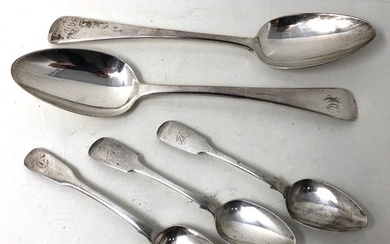 A pair of George III Old English pattern silver spoons, thre...