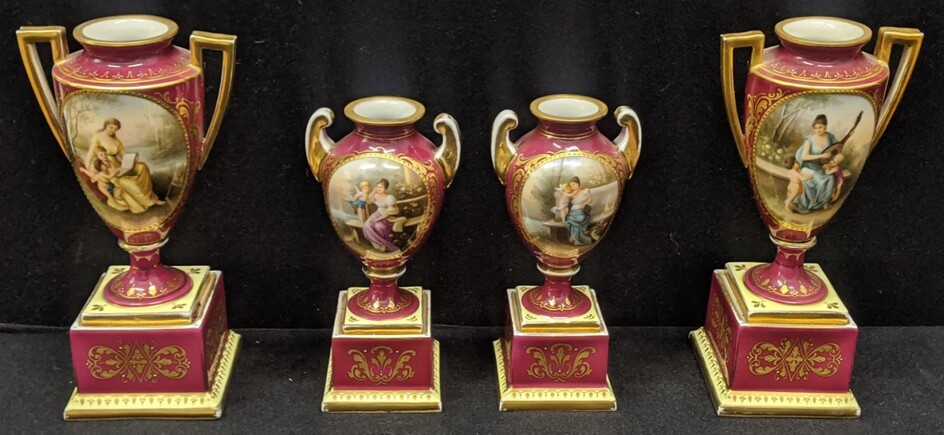 A pair of Royal Vienna porcelain urns, together with...