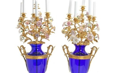 A pair of cobalt blue and porcelain table lamps