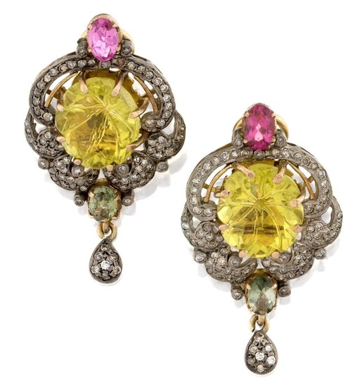 A pair of diamond, lemon citrine and pink tourmaline earrings, designed with openwork pave diamond-set scrolling panels framing an oval cut citrine, pink tourmaline and green gem, with pear-shaped diamond-set drop pendent, clip and post fittings...
