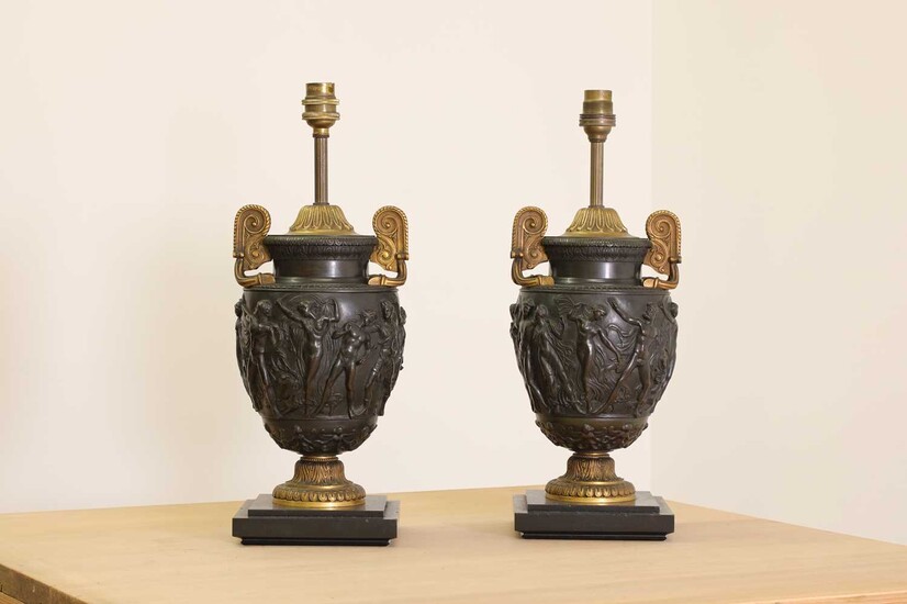 A pair of gilt and patinated bronze Townley vase table lamps
