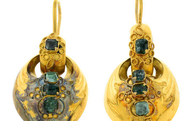 A pair of mid 19th century gold emerald drop earrings.
