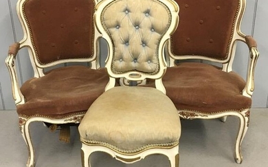 A pair of painted, antique, French elbow chairs, together...