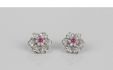 A pair of good quality 18ct white gold, ruby and diamond flo...