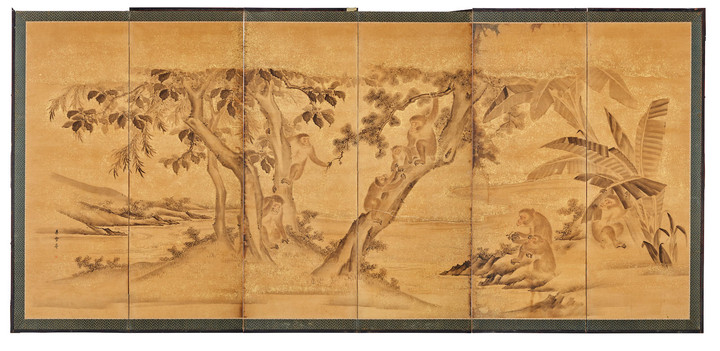 A pair of six panel screens with monkeys