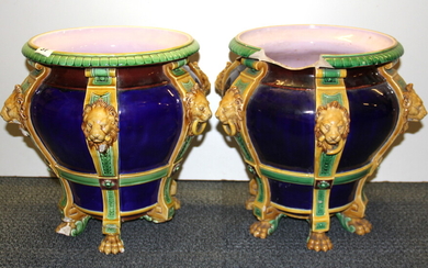 A pair of superb large 19th Century Minton Majolica planters, H. 36cm (both a/f).