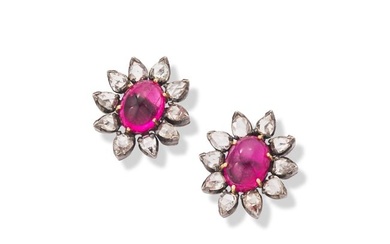 A pair of tourmaline and diamond cluster earrings