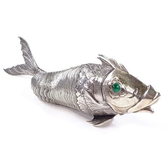 A rare large Spanish silver articulated fish box, engine tur...