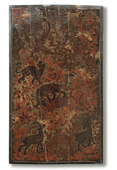 A rare large painted and lacquered wood panel, depicting animals...