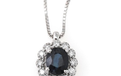 A sapphire necklace set with an oval-cut sapphire weighing app. 0.55 ct....